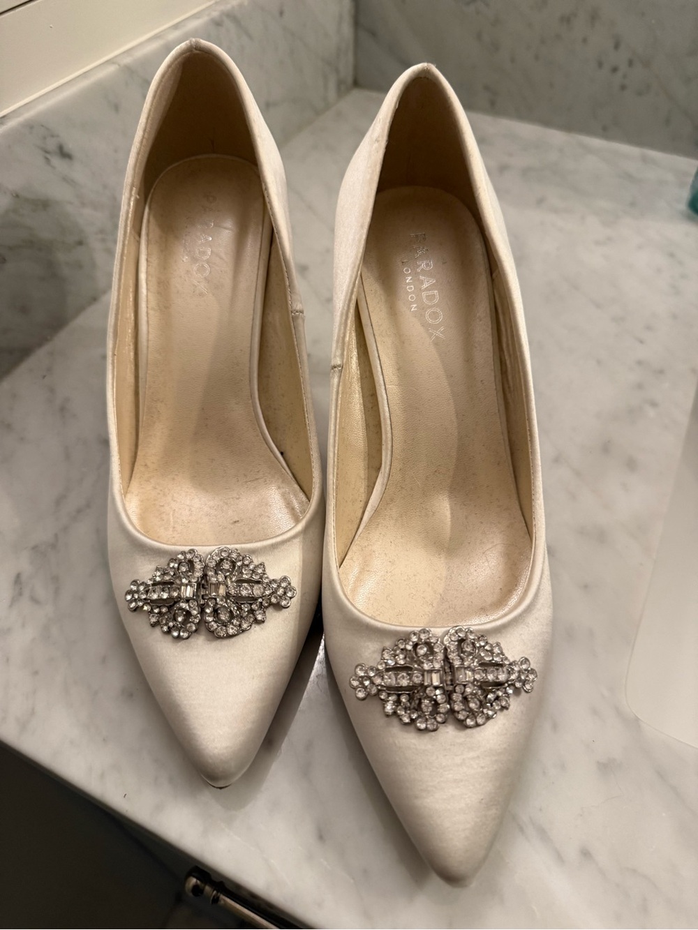 Paradox London Ivory Satin Embellished Pointed-Toe Pumps